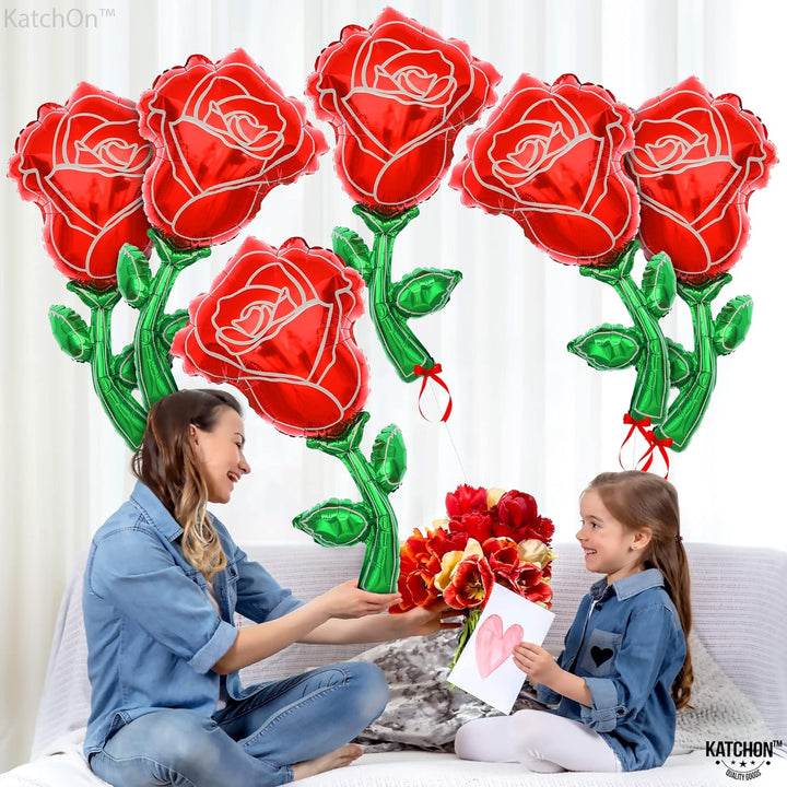 Katchon, Giant Red Rose Balloons - 37 Inch, Pack of 6 | Rose Foil Balloons, Flower Shaped Balloons | Rose Shaped Balloons for Valentines Day Party Decorations | Roses Balloons, Valentines Day Balloons