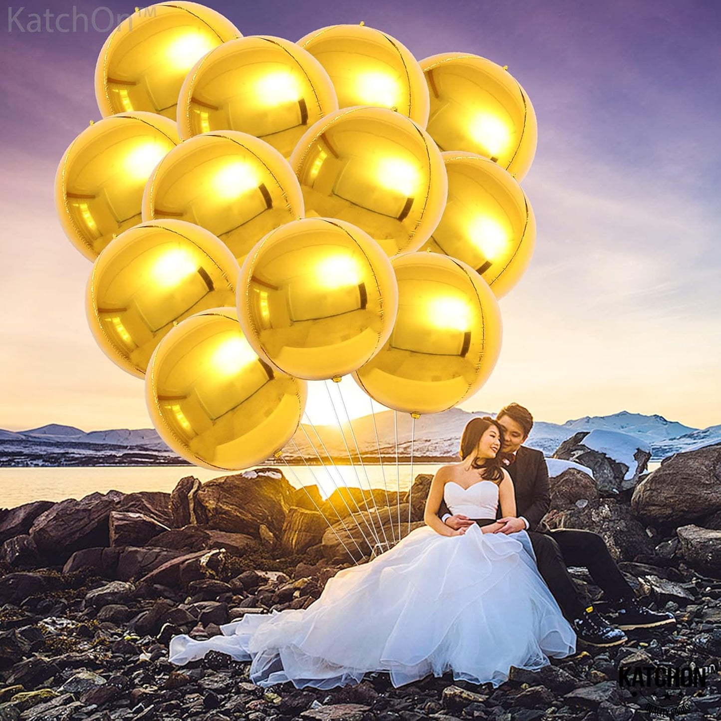 KatchOn, Big Gold Foil Balloons - 22 Inch, Pack of 12 | Gold 4D Balloons, Gold Mylar Balloons | Metallic Gold Balloons, Gold Round Balloons | Round 4D Gold Sphere Balloons for Gold Party Decorations