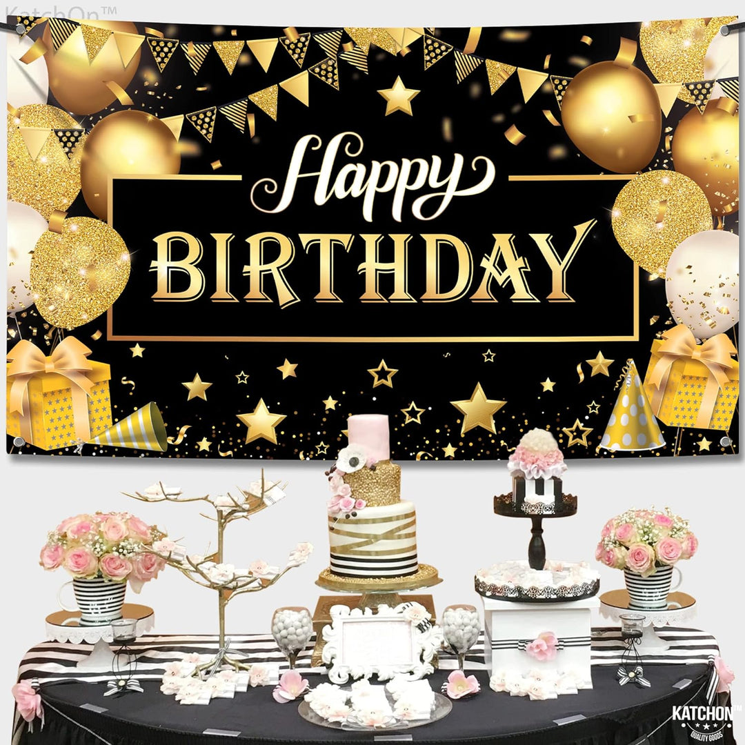 KatchOn, Black and Gold Happy Birthday Banner - XtraLarge, 72x44 Inch | Black and Gold Birthday Banner for Men | Happy Birthday Sign, Happy Birthday Backdrop for Black and Gold Birthday Decorations