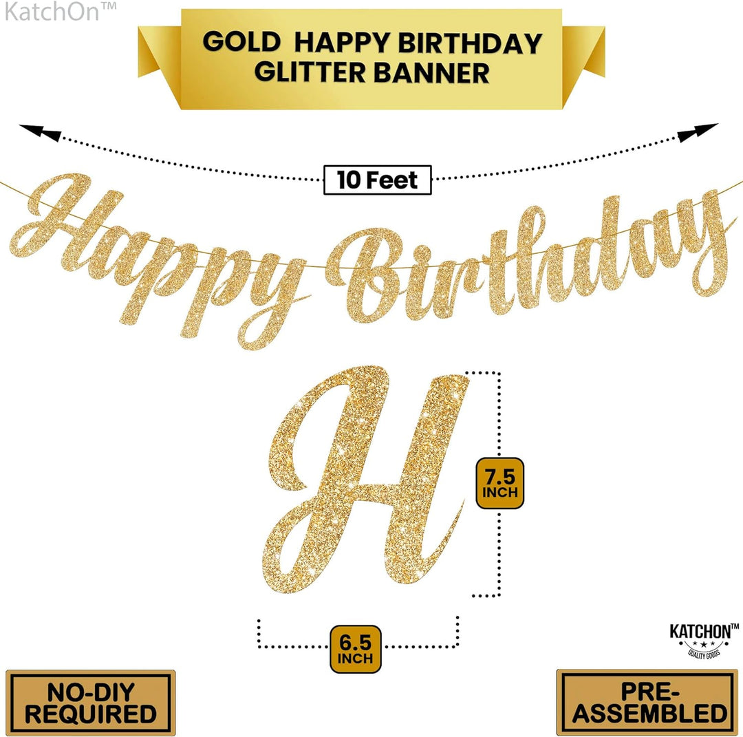 KatchOn, Glitter Gold Happy Birthday Banner Prestrung - 10 Feet, NO DIY | Gold Happy Birthday Sign | Glitter Gold Birthday Banner for Gold Birthday Decorations | Happy Birthday Decorations for Women