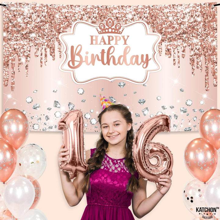 KatchOn, XtraLarge Rose Gold Happy Birthday Banner - 72x44 Inch | Pink Happy Birthday Decorations for Women | Rose Gold Happy Birthday Backdrop for Girls | Princess Theme Pink Birthday Decorations