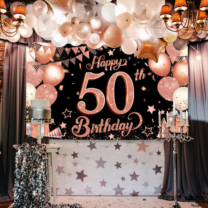 KatchOn, Rose Gold 50th Birthday Banner - XtraLarge, 72x44 Inch | Happy 50th Birthday Backdrop for Women | Rose Gold Happy 50th Birthday Banner for Women | 50 Year Old Birthday Decorations for Women