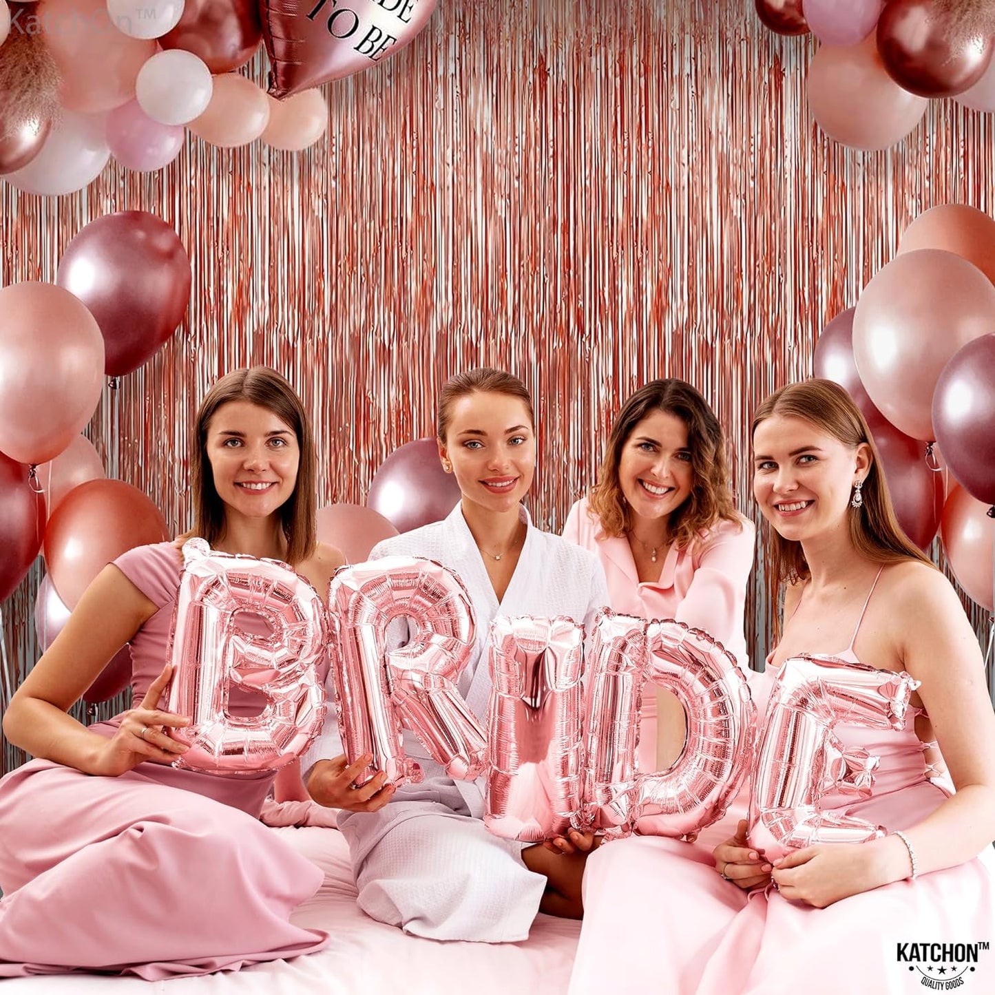 KatchOn, Rose Gold Fringe Curtain - XtraLarge 8x3.2 Feet, Pack of 3 | Rose Gold Backdrop for Birthday Party | Rose Gold Party Decorations | Rose Gold Tinsel Backdrop for Bachelorette Party Decorations