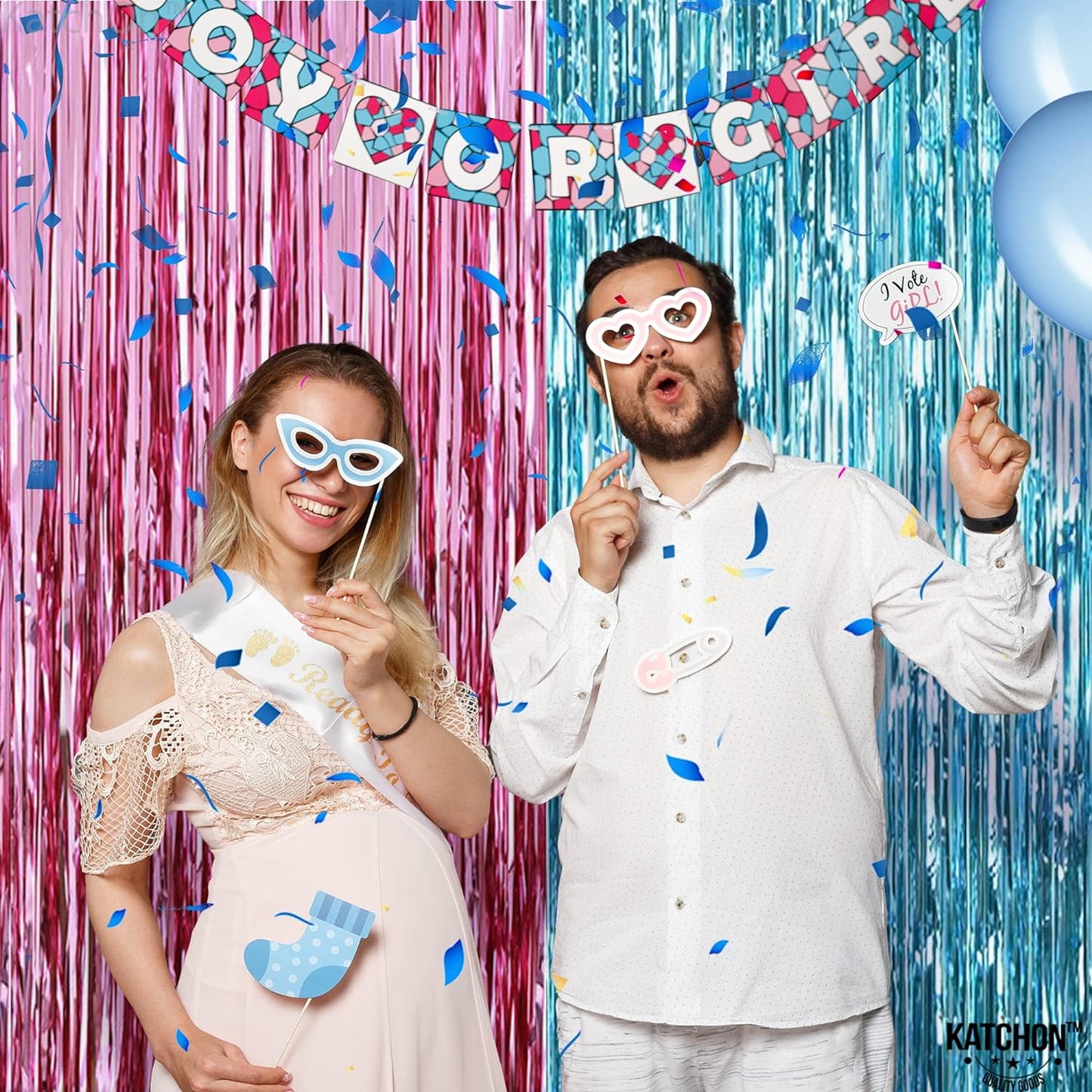 KatchOn, Large Pink and Blue Foil Fringe - 6.4x8 Feet, Pack of 2 | Girl or Boy Gender Reveal Decorations | Pink and Blue Fringe, Boy or Girl Backdrop | Gender Reveal Backdrop for Gender Reveal Décor