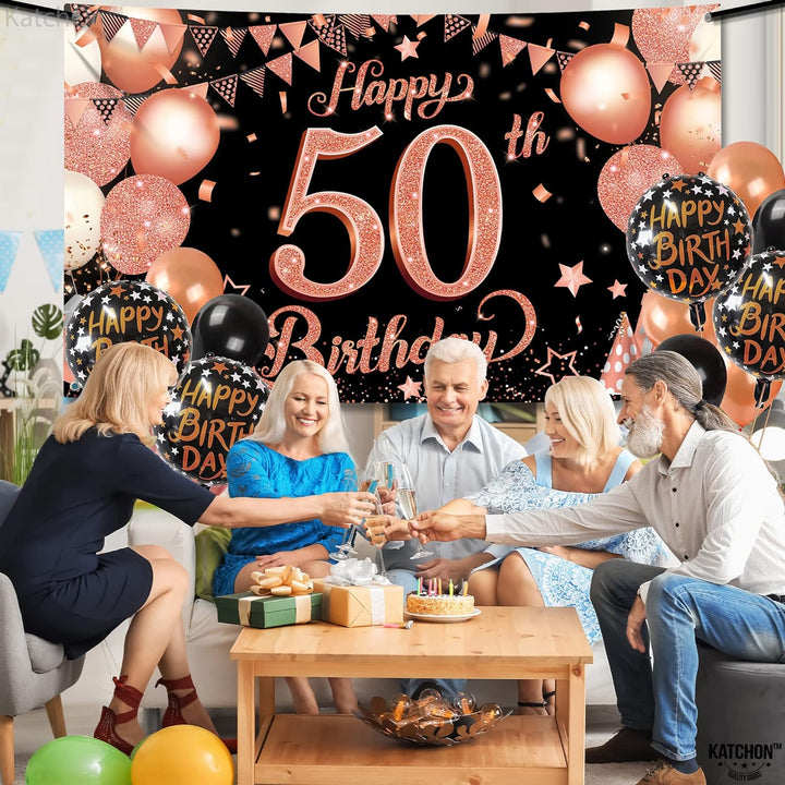 KatchOn, Rose Gold 50th Birthday Banner - XtraLarge, 72x44 Inch | Happy 50th Birthday Backdrop for Women | Rose Gold Happy 50th Birthday Banner for Women | 50 Year Old Birthday Decorations for Women