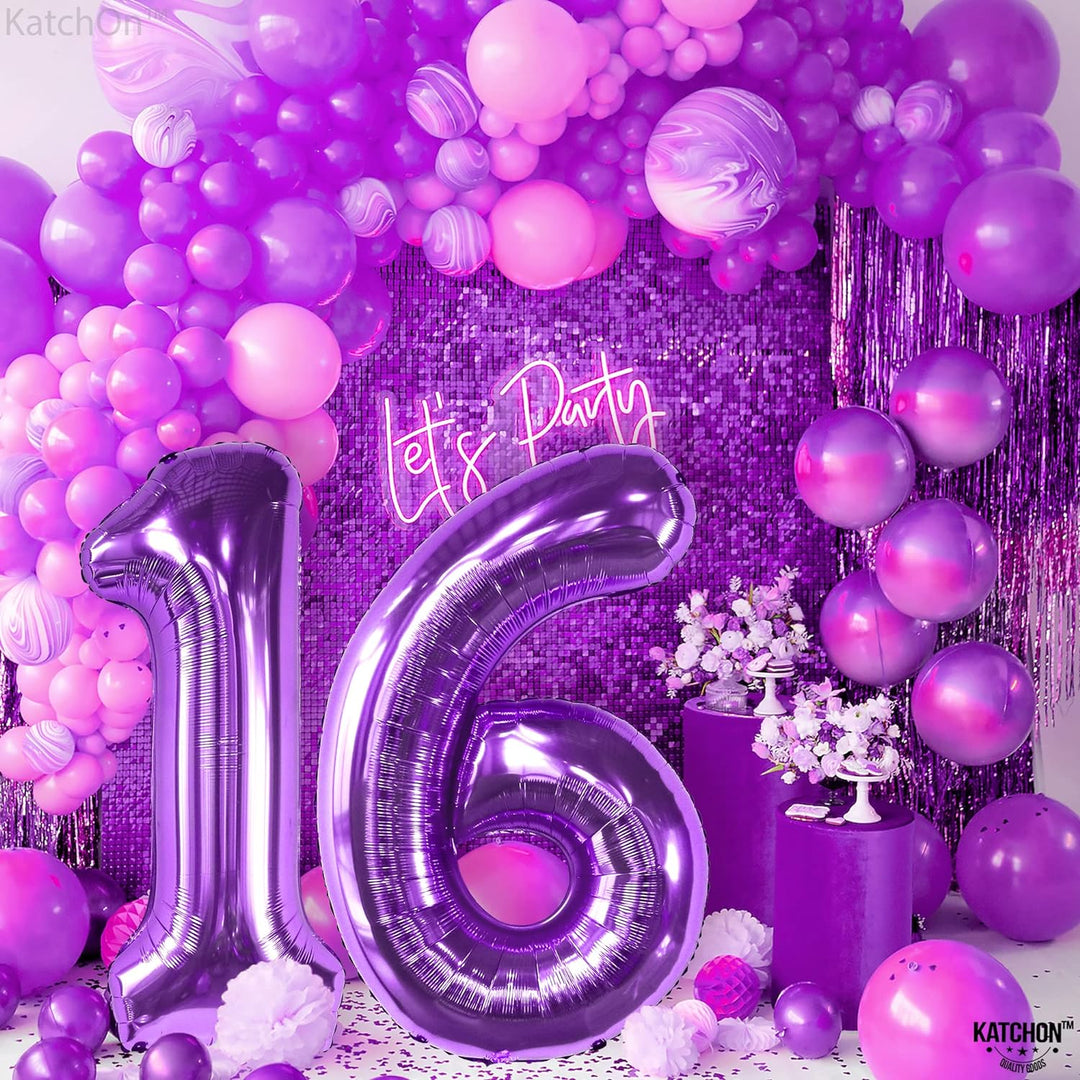 KatchOn, Purple 16 Balloons Number - Giant, 40 Inch | Mylar 16 Balloon Numbers Purple for Sweet 16 Party Decorations Purple | Sweet 16th Birthday Decorations for Girls | Purple Sweet 16 Decorations