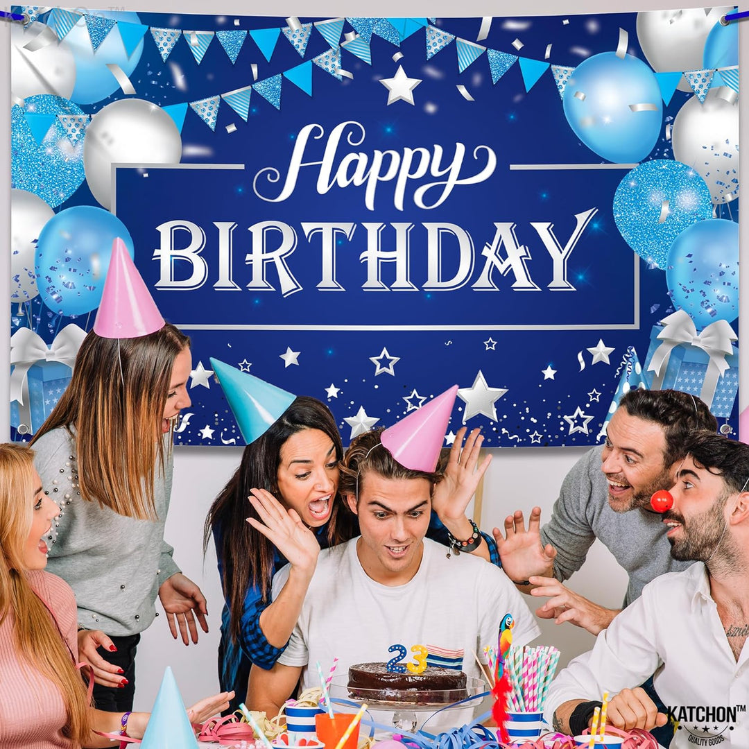 KatchOn, Large, Happy Birthday Banner Blue and Silver - 72x44 Inch | Happy Birthday Wall Banner for Men | Happy Birthday Backdrop for Boys | Happy Birthday Blue Banner, Blue Happy Birthday Decorations