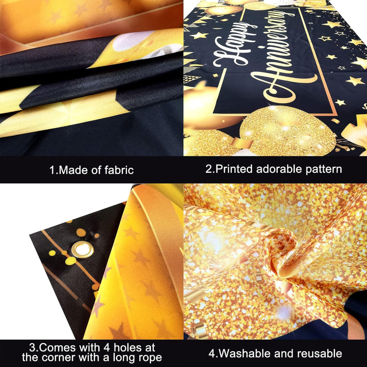 KatchOn, Happy Anniversary Banner Black and Gold - XtraLarge, 72x44 Inch | Happy Anniversary Decorations for Party, Happy Anniversary Backdrop | Happy Anniversary Sign, Wedding Anniversary Decorations
