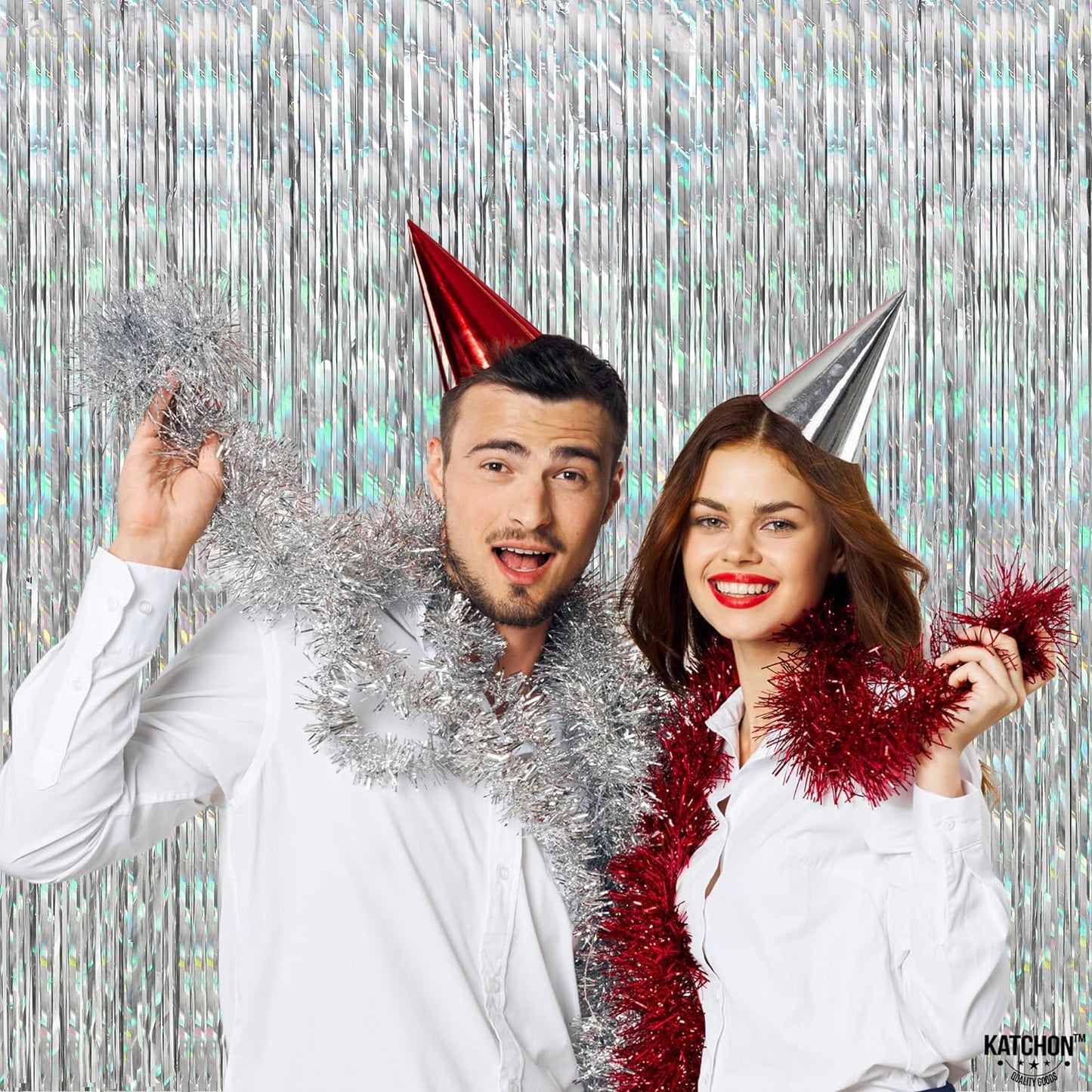 KatchOn, Holographic Silver Streamer Backdrop - XtraLarge 6.4x8 Feet, Pack of 2 | Silver Fringe Backdrop for Silver Streamers Party Decorations | Silver Tinsel Backdrop for Disco Party Decorations