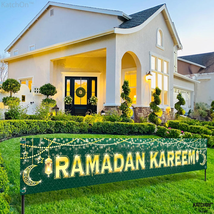 KatchOn, Ramadan Kareem Banner for Ramadan Decorations - Xtra Large 120x20 Inch | Ramadan Mubarak Banner for Ramadan Decorations Outdoor | Green and Gold Ramadan Yard Sign, Eid Decorations for Home