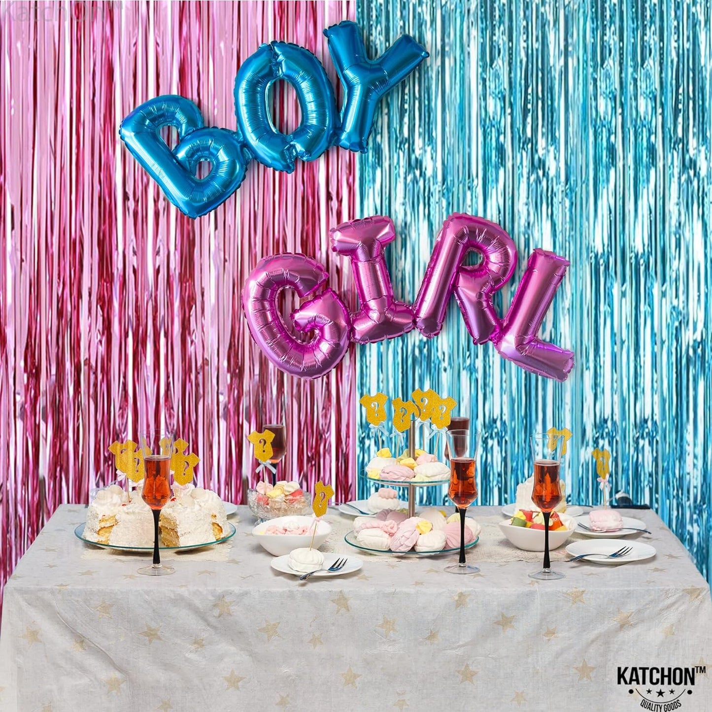KatchOn, Large Pink and Blue Foil Fringe - 6.4x8 Feet, Pack of 2 | Girl or Boy Gender Reveal Decorations | Pink and Blue Fringe, Boy or Girl Backdrop | Gender Reveal Backdrop for Gender Reveal Décor