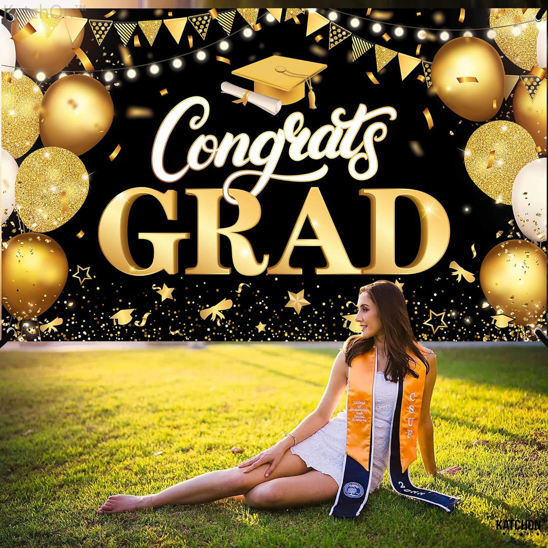 KatchOn, XtraLarge Congrats Grad Banner - 72x44 Inch, Congratulations Banner | Graduation Backdrop 2024, Black and Gold Graduation Decorations 2024 | Graduation Party Decorations 2024 Black and Gold