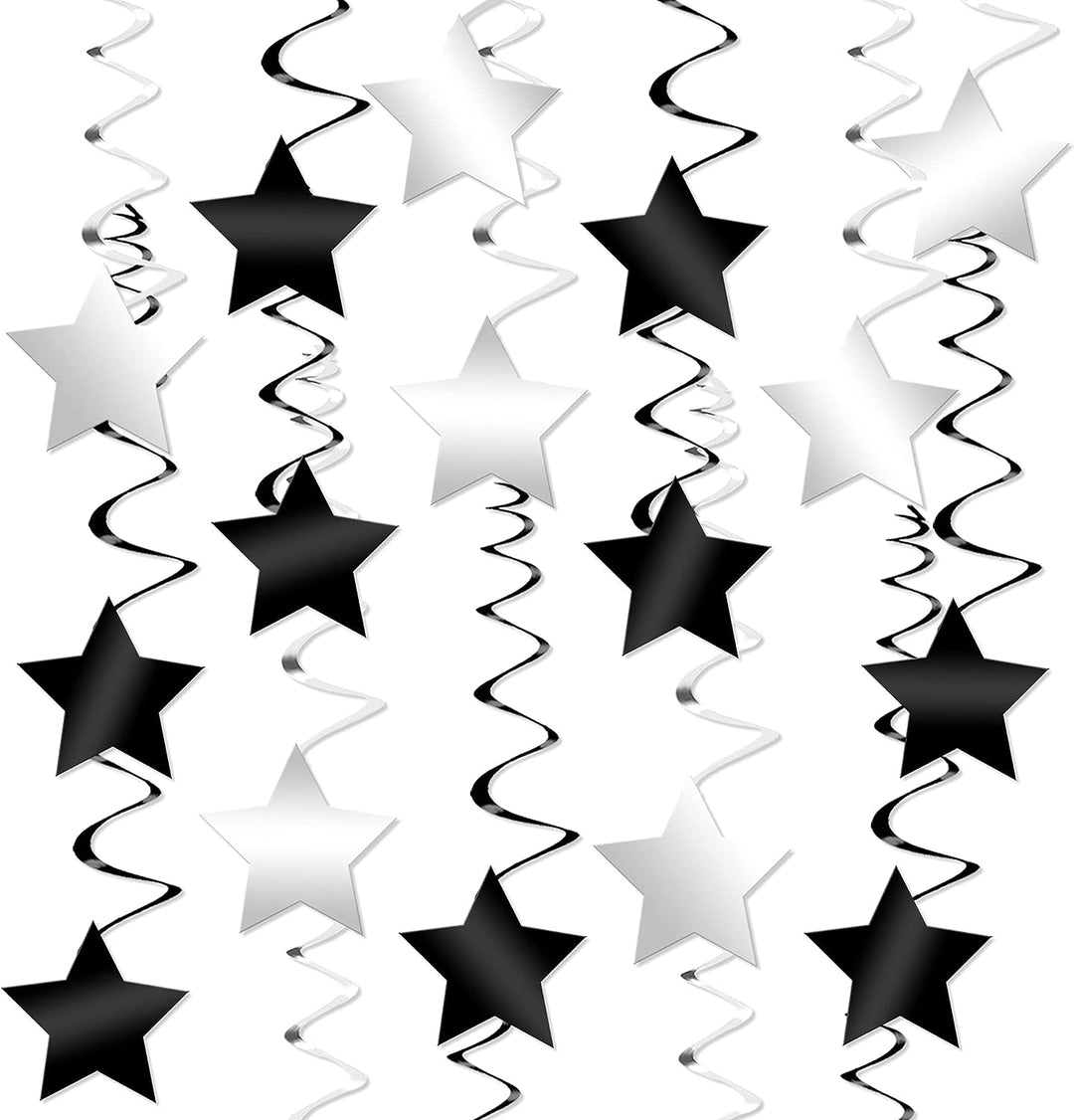 KatchOn, Black and Silver Star Hanging Swirls - Pack of 32, No DIY | Black and Silver Party Decorations | 2024 Graduation Party Decorations | Black and White Party Decorations for Birthday Party