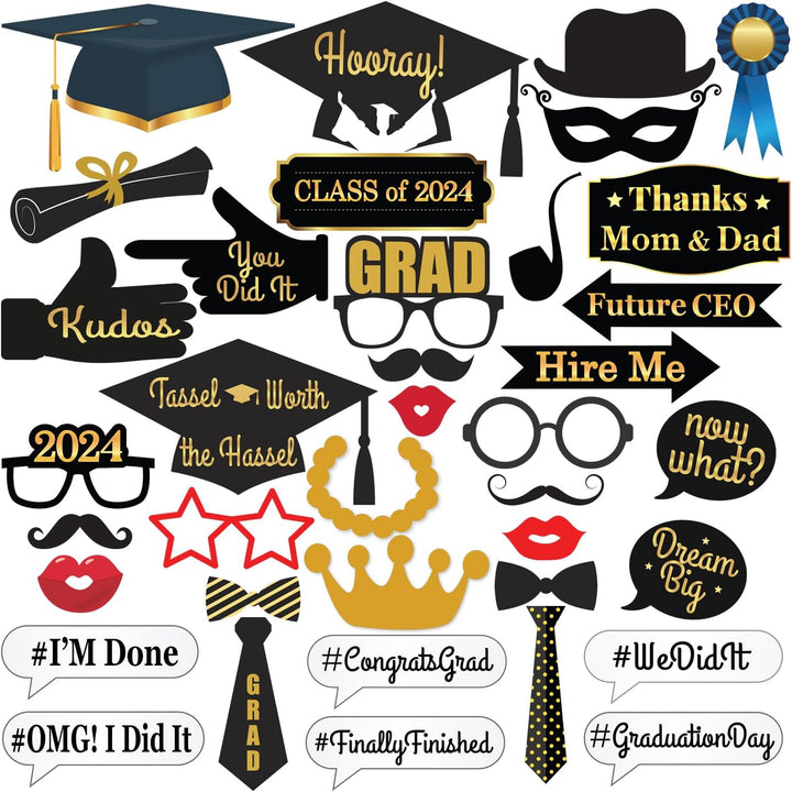 KatchOn, Black and Gold Graduation Photo Booth Props - Pack of 40 | Graduation Props 2024 for Photoshoot | Graduation Photo Props, Graduation Decorations Class of 2024 | Grad Photo Booth Props 2024