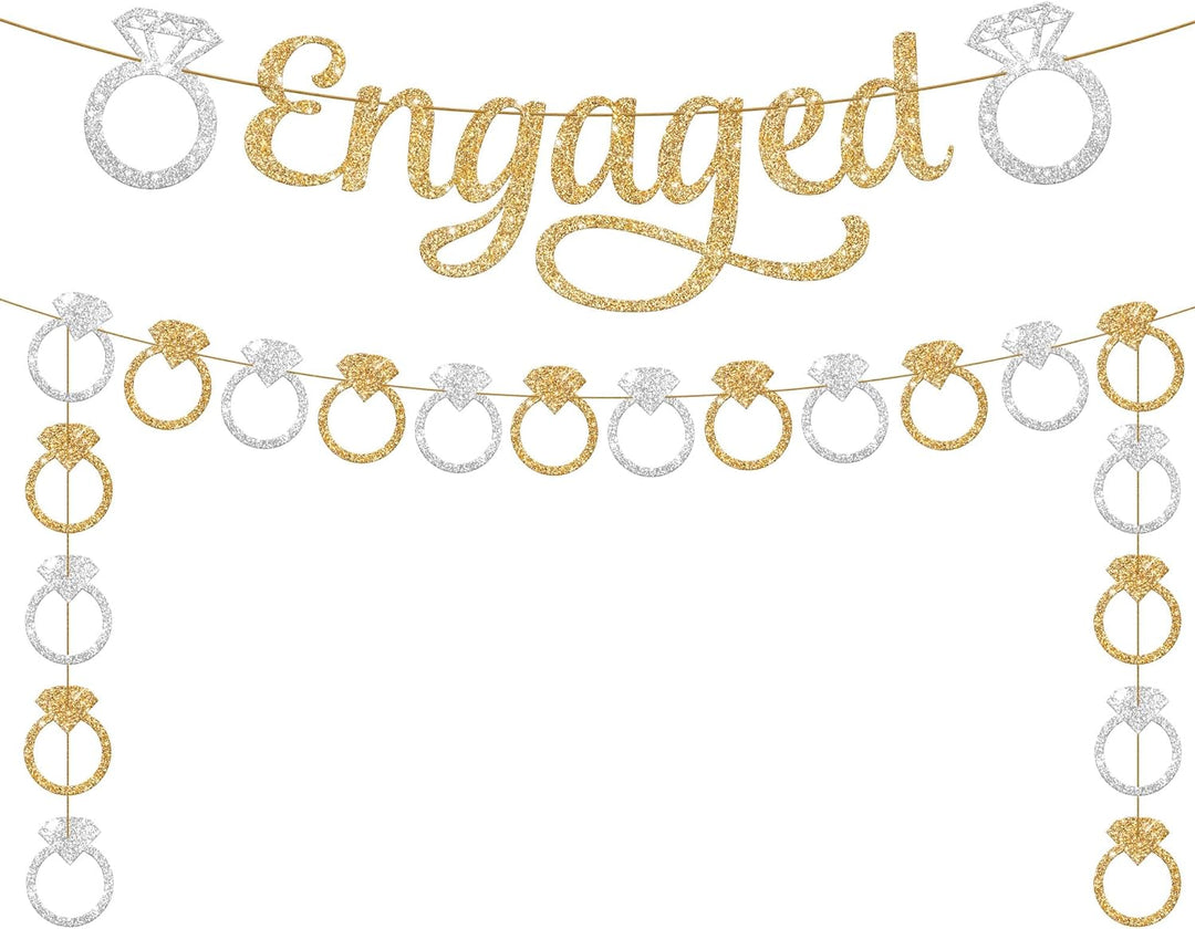 KatchOn, Pre-Strung Gold and Silver Glitter Engaged Banner - 2 String, 10 Feet, No DIY | Engagement Party Decorations | Engagement Banner for Bachelorette Party Decorations, Engagement Decorations