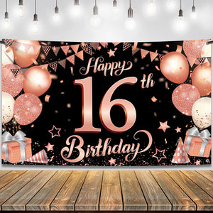 Katchon, Rose Gold Happy 16th Birthday Banner - XtraLarge, 72x44 Inch | 16th Birthday Backdrop, Rose Gold Sweet 16 Birthday Decorations for Girls | Sweet Sixteen Backdrop, 16th Birthday Decorations