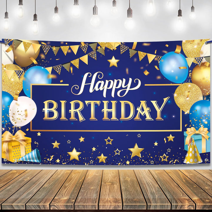 KatchOn, XtraLarge Gold and Blue Happy Birthday Banner - 72x44 Inch | Happy Birthday Backdrop for Happy Birthday Decorations | Blue and Gold Birthday Backdrop for Boys | Blue Birthday Banner for Men