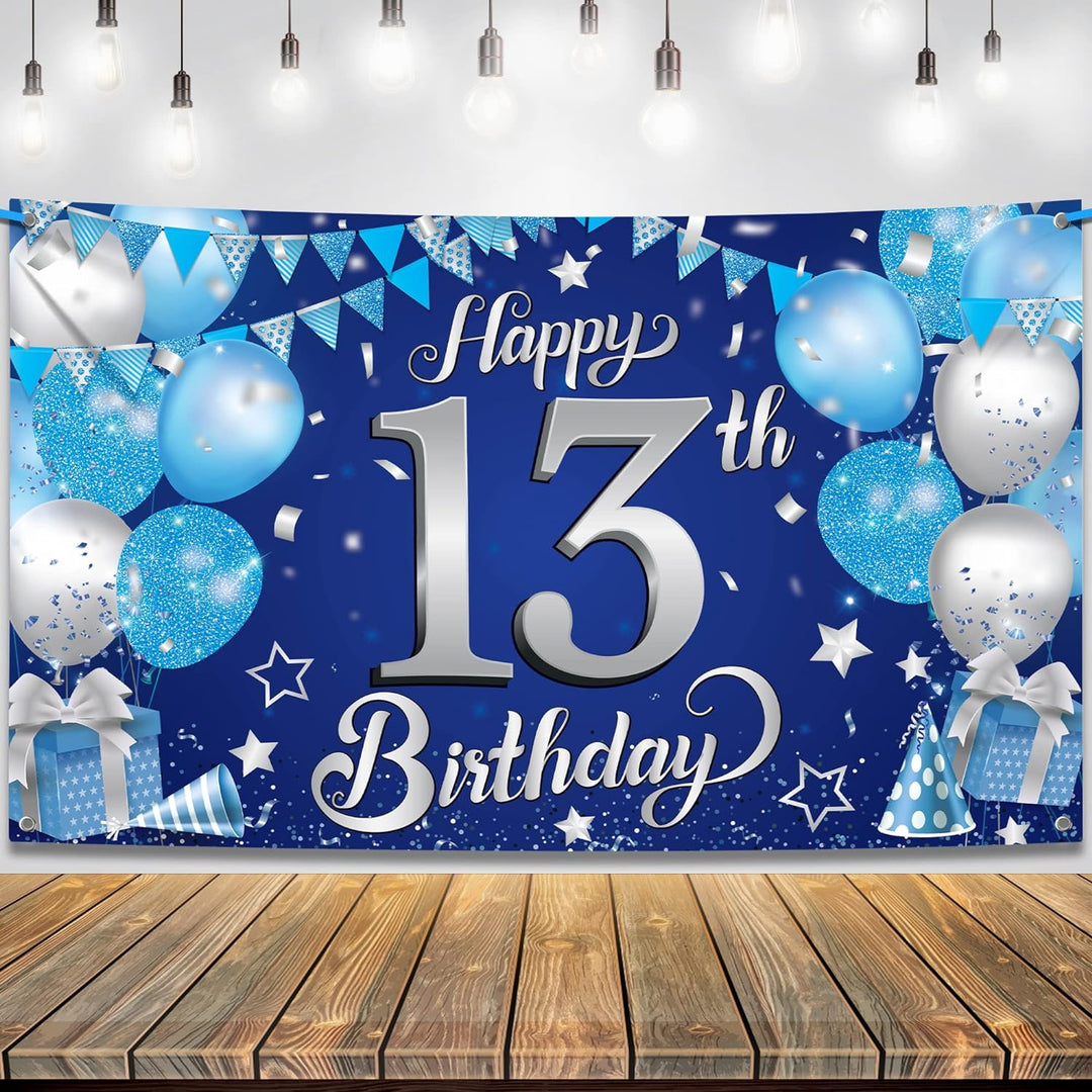 KatchOn, XtraLarge Blue Happy 13th Birthday Banner - 72x44 Inch | 13th Birthday Decorations for Boys and Girls | Blue and Silver 13 Birthday Backdrop | Happy 13th Birthday Decorations for Teenagers
