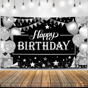 KatchOn, Black and Silver Happy Birthday Banner - 72x44 Inch | Black and Silver Birthday Banner for Men | Happy Birthday Backdrop for Happy Birthday Decorations | Black and Silver Birthday Decorations