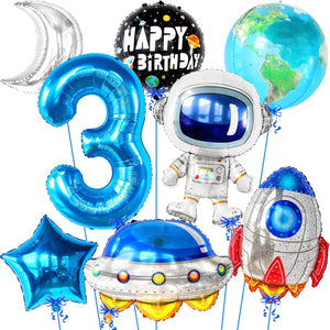 KatchOn, Big Outer Space 3rd Birthday Balloons - Pack of 8 | 3 Year Old Boy Birthday Decorations | 3 Year Balloon | Third Birthday Decorations Boy | Space Themed 3rd Birthday | Space Party Decorations