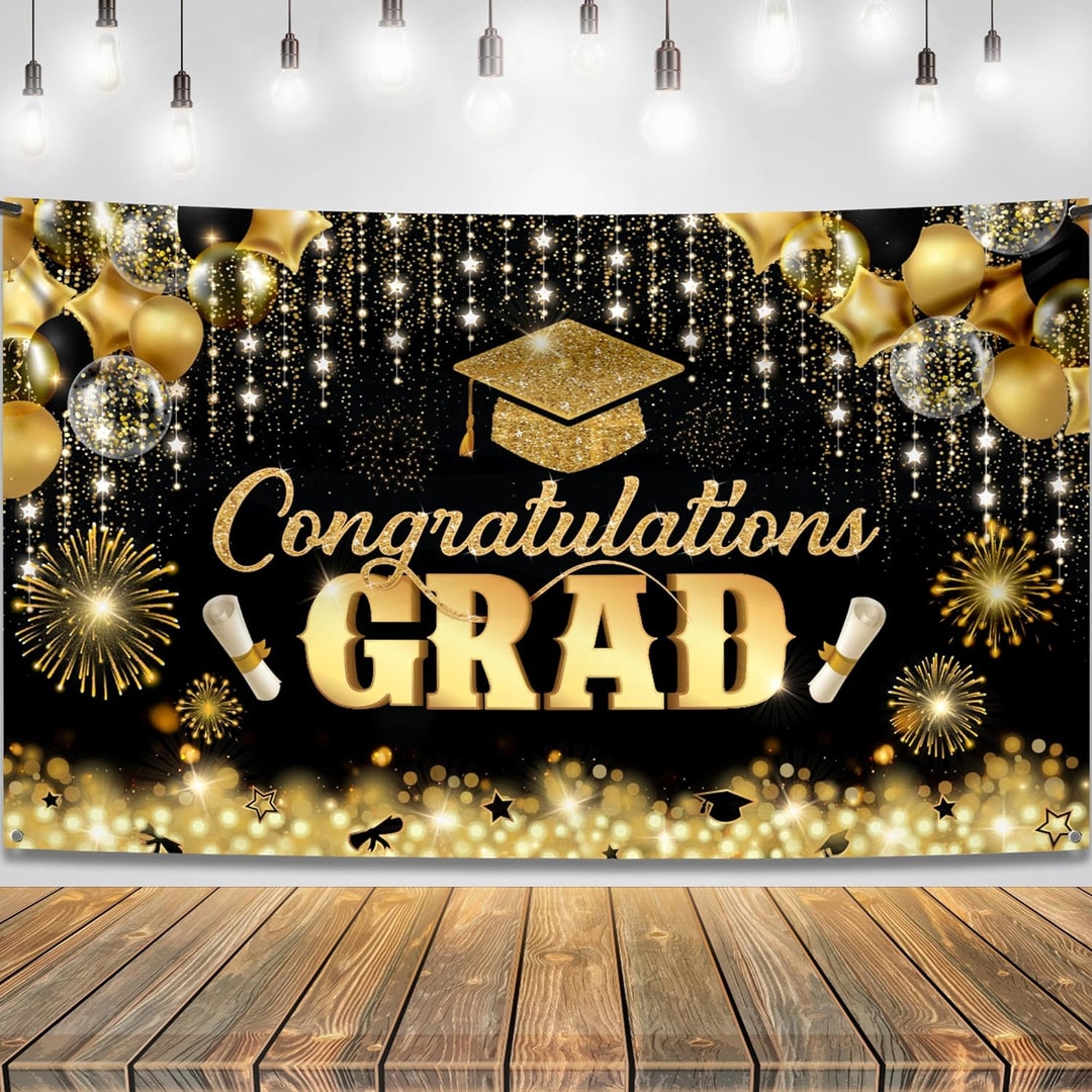 KatchOn, Congratulations Grad Banner - Large, 72x44 Inch | Glitter Black and Gold Graduation Backdrop, Graduation Decorations Class of 2024 | Congratulations Banner, 2024 Graduation Party Decorations