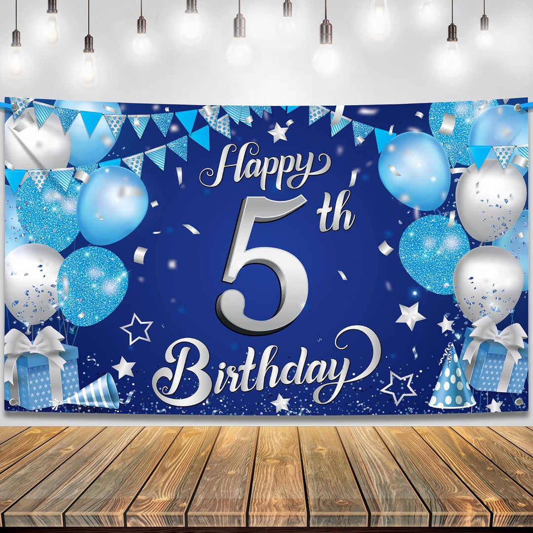 KatchOn, Happy 5th Birthday Banner - XtraLarge, 72x44 Inch | Blue 5th Birthday Party Decorations | 5th Birthday Decorations | Blue and Silver Toddler Birthday Decorations for 5 Birthday Decorations