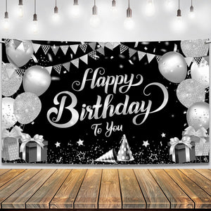 KatchOn, Black and Silver Happy Birthday Banner - Large, 72x44 Inch | Black and White Happy Birthday Banner | Black White Silver Happy Birthday Decorations for Mens Women, Birthday Party Supplies