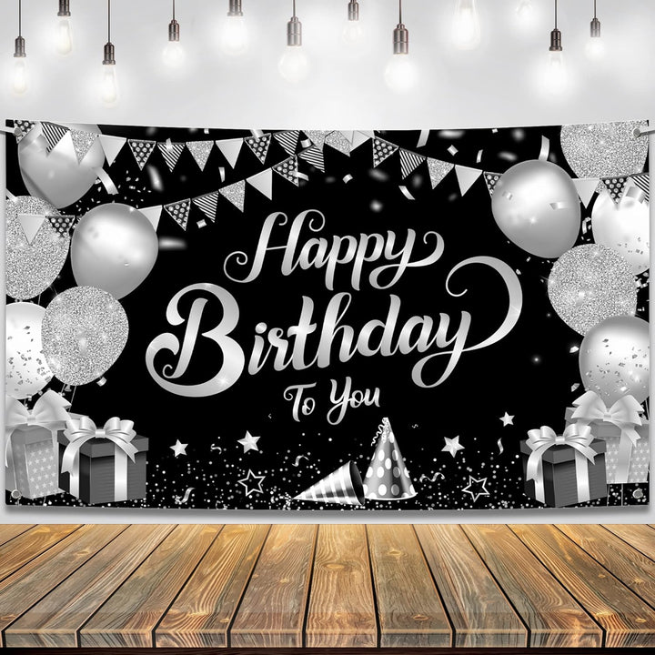 KatchOn, Black and Silver Happy Birthday Banner - Large, 72x44 Inch | Black and White Happy Birthday Banner | Black White Silver Happy Birthday Decorations for Mens Women, Birthday Party Supplies