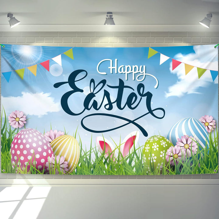 KatchOn, Large Happy Easter Backdrop - 72x44 Inch | Happy Easter Banner Decorations | Easter Decorations Backdrop | Easter Backdrops for Photography | Easter Party Decorations, Easter Wall Decorations