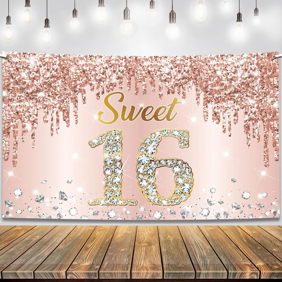 KatchOn, Rose Gold Sweet 16 Banner - Large, 72x44 Inch | Sweet 16 Party Decorations | Sweet 16 Backdrop for Sweet 16 Birthday Decorations | Sweet 16 Birthday Banner, Sweet Sixteen Party Decorations