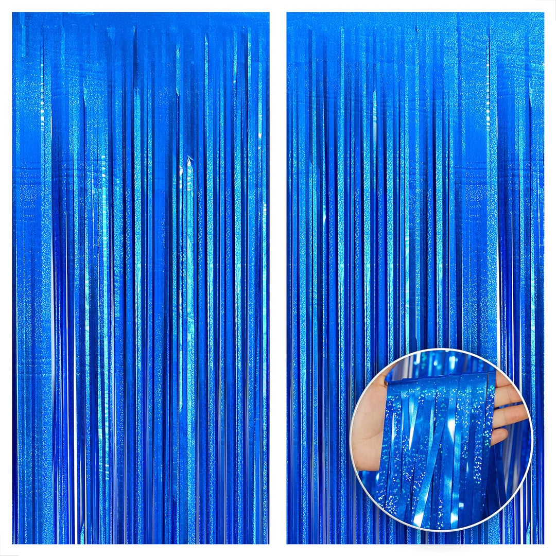 KatchOn, XtraLarge Blue Iridescent Streamers - 6.4x8 Feet, Pack of 2 | Blue Tinsel Backdrop for Ocean Themed Party Decor | Blue Streamers Backdrop for Blue Decorations, Under The Sea Party Decorations