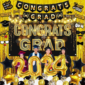 KatchOn, Black and Gold Graduation Decorations Class of 2024 - Huge, Pack of 65 | Congrats Grad Banner, Gold Foil Fringe Curtain | Gold 2024 Graduation Balloons for Graduation Party Decorations 2024