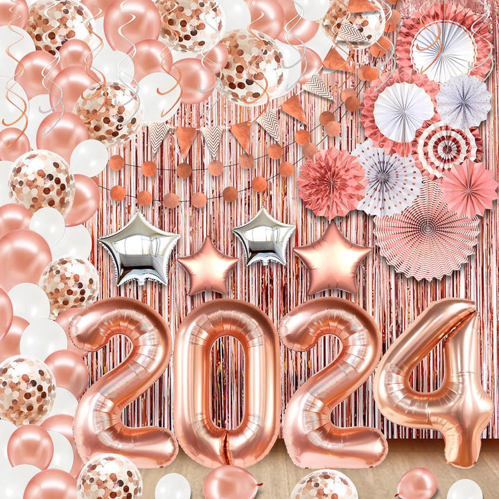 KatchOn, Graduation Decorations Class of 2024 - Pack of 150 | Rose Gold 2024 Balloons, Rose Gold Fringe Backdrop, Fans for Graduation Party Decorations 2024 | Rose Gold Graduation Decorations 2024
