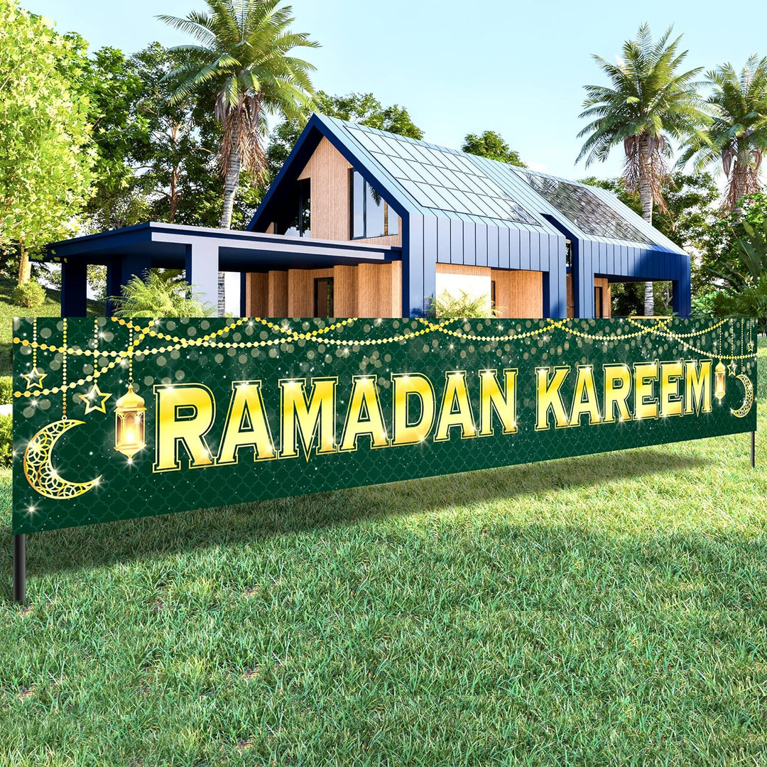 KatchOn, Ramadan Kareem Banner for Ramadan Decorations - Xtra Large 120x20 Inch | Ramadan Mubarak Banner for Ramadan Decorations Outdoor | Green and Gold Ramadan Yard Sign, Eid Decorations for Home