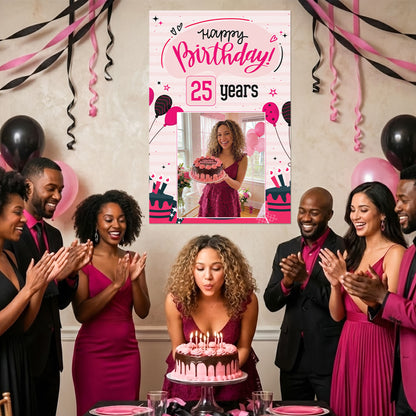 Happy Birthday Black & Pink Glam - Customizable 'Years' and 'Photo' Poster