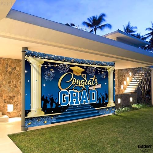 KatchOn, XtraLarge Blue Congrats Grad Banner - 72x44 Inch, 2026 Graduation Backdrop | Blue Grad Banner Class of 2026 Grad Party Decorations, Graduation Decorations 2026