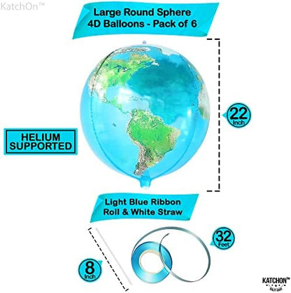 KatchOn, Globe Balloons for Earth Day Decorations - Huge 22 Inch, Pack of 6 | 4D World Map Balloons | Earth Balloons for Party | World Balloons for Globe Decorations, Bon Voyage Party Decorations