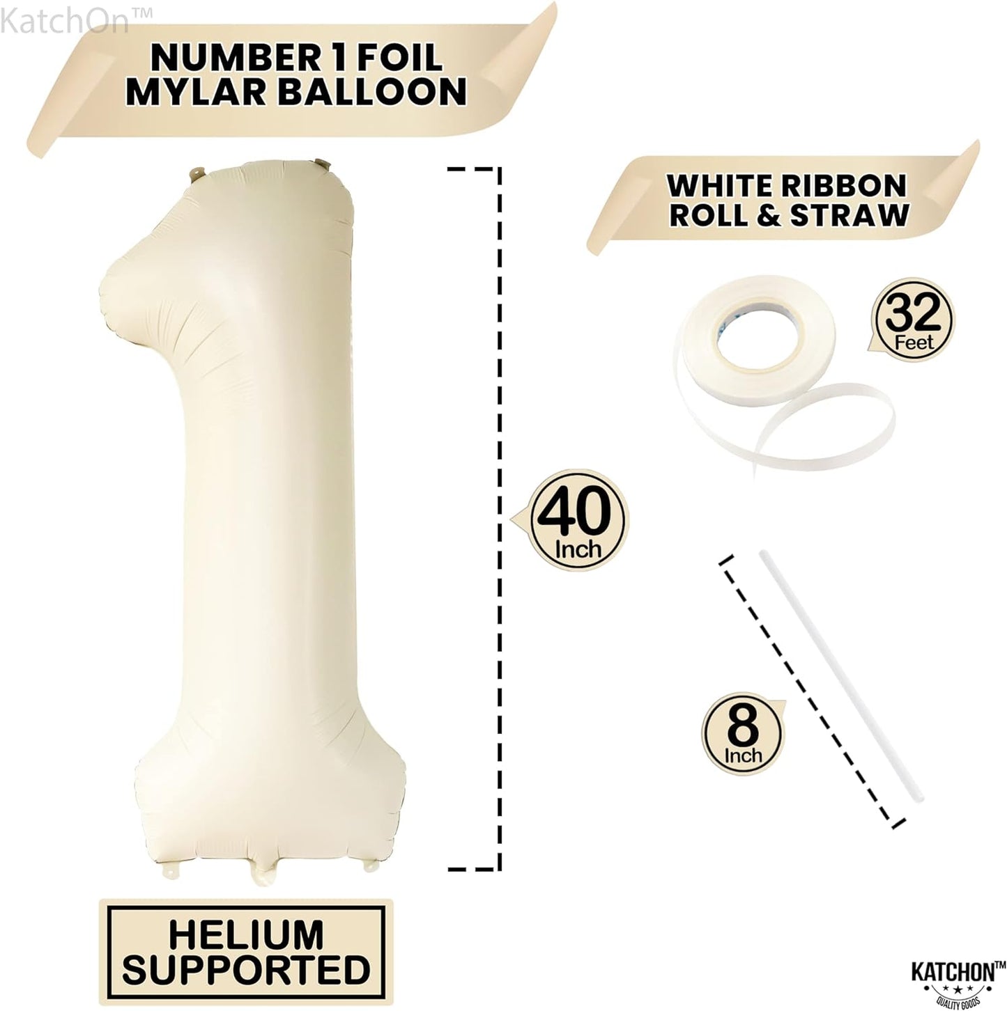 KatchOn, Giant 40 Inch Cream White Number 1 Balloon for Birthday Decorations, 1 Mylar Foil Balloon, 1 Ribbon, 1 Straw