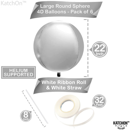 Jumbo Silver Metallic Balloons Set - Pack of 6 | Big, 22 Inch 360 Degree 4D Sphere Round Silver Foil Balloons | Mylar Silver Balloons for Birthday, Engagement, Bachelorette | Silver Party Decorations