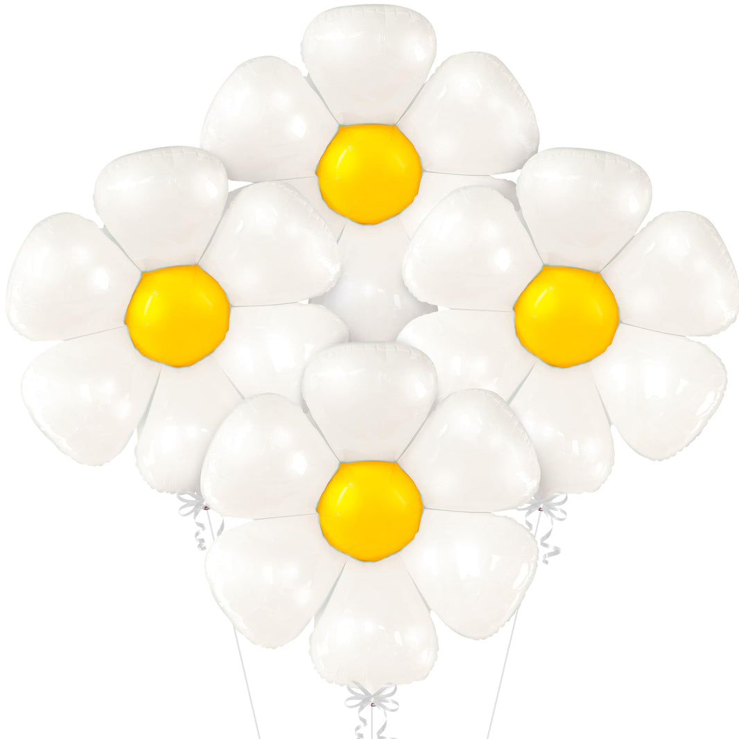 Katchon, Large White Daisy Balloons - 4pcs, 45 Inch | Pack of 4 | Groovy Party Decorations | Flower Balloon for Bachelorette Party Decorations | Groovy Mylar Balloons | Daisy Party Decorations