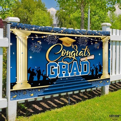 KatchOn, XtraLarge Blue Congrats Grad Banner - 72x44 Inch, 2026 Graduation Backdrop | Blue Grad Banner Class of 2026 Grad Party Decorations, Graduation Decorations 2026