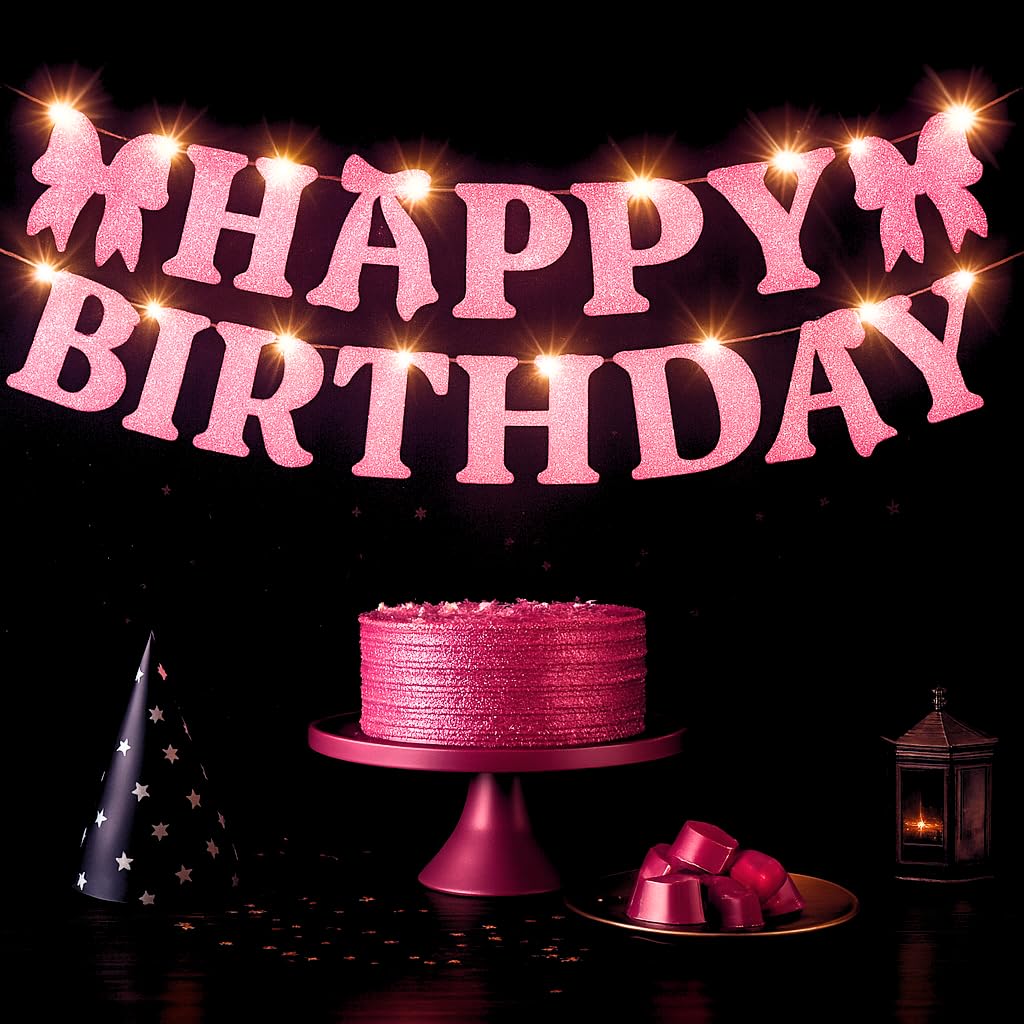 KatchOn, Pink Glitter Happy Birthday Banner with Lights - No DIY, 10 Feet | Happy Birthday Bow Banner | Birthday Decorations for Women, Girls | Pink Bow Birthday Decorations