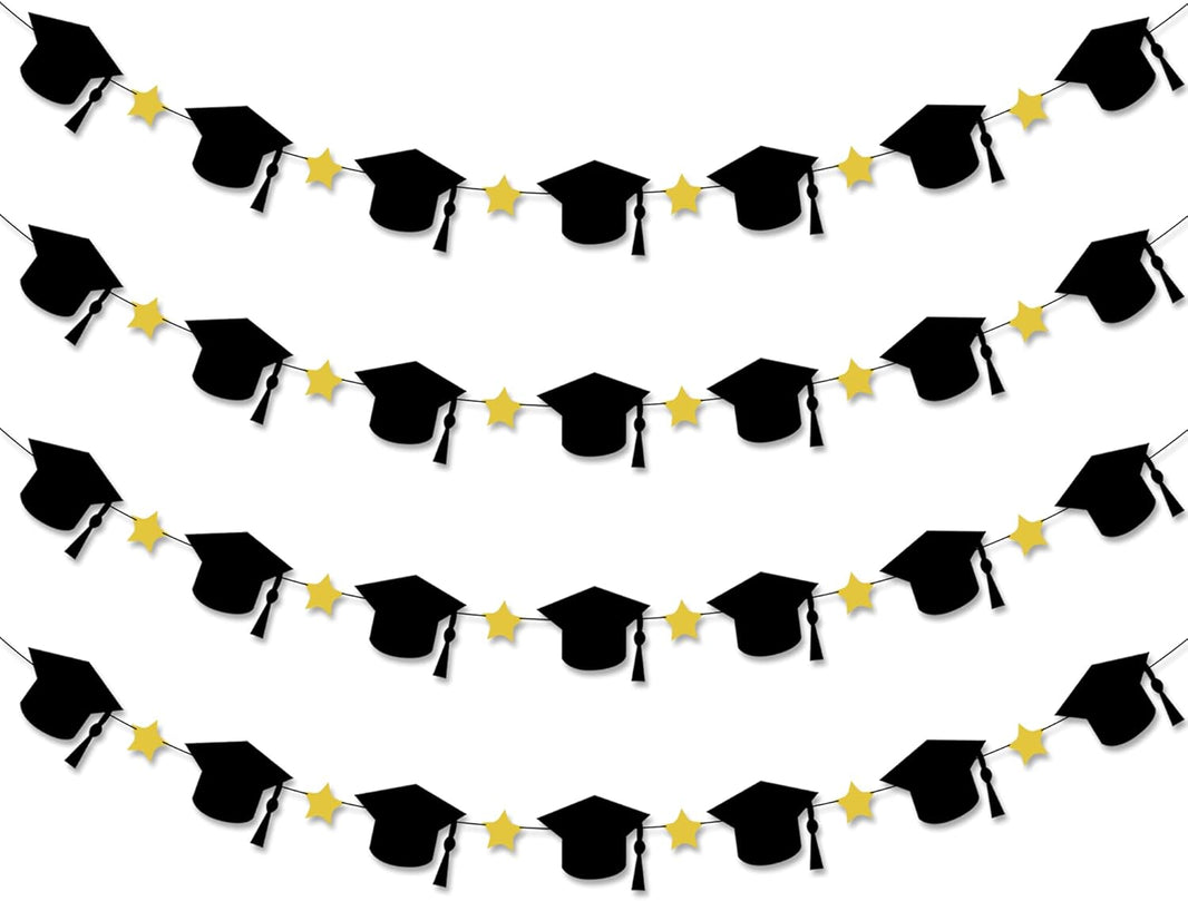 Graduation Decorations 2026, Felt Graduation Cap Garland - 4 String | Graduation Garland, Cap Decorations | Black, Gold class of 2026 Decorations | 2026 Graduation Decorations - KatchOn