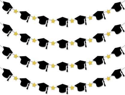 Graduation Decorations 2026, Felt Graduation Cap Garland - 4 String | Graduation Garland, Cap Decorations | Black, Gold class of 2026 Decorations | 2026 Graduation Decorations - KatchOn