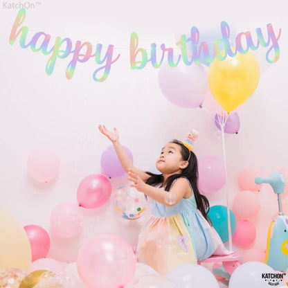 KatchOn, Pre-Strung Iridescent Happy Birthday Banner - 10 Feet | Iridescent happy Birthday Sign for Holographic Happy Birthday Decorations | Mermaid Birthday Decorations | Iridescent Party Decorations