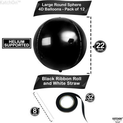 KatchOn, Black Mylar Balloons - 22 Inch, Pack of 12 | Black 4D Balloons, Black Foil Balloons for Black Birthday Decorations | Metallic Black Balloons, Foil Black Balloons for Black Party Decorations