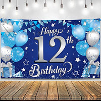 KatchOn, Blue Happy 12th Birthday Banner - 72x44 Inch, Big | Blue and Silver Happy Birthday Backdrop | Birthday Decorations for Men | Happy Bday Banner for 12th Birthday Party Decorations