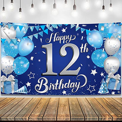 KatchOn, Blue Happy 12th Birthday Banner - 72x44 Inch, Big | Blue and Silver Happy Birthday Backdrop | Birthday Decorations for Men | Happy Bday Banner for 12th Birthday Party Decorations