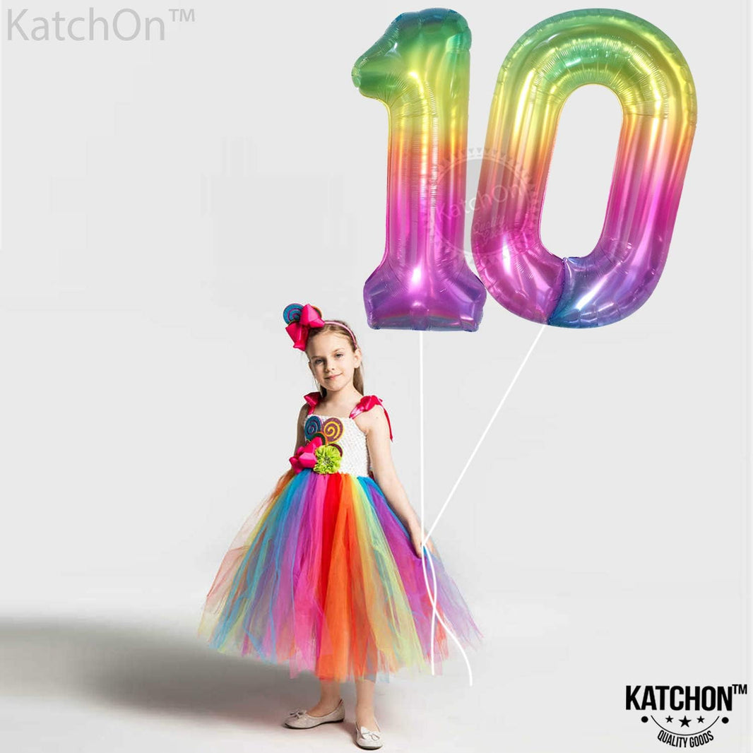 KatchOn, Giant Jelly Number 10 Balloon - 40 Inch | Rainbow 10 Balloon Number | 10th Birthday Decorations for Girl | 10 Balloon Number For Girls | Tie Dye Balloons for 10 year old Birthday Decorations