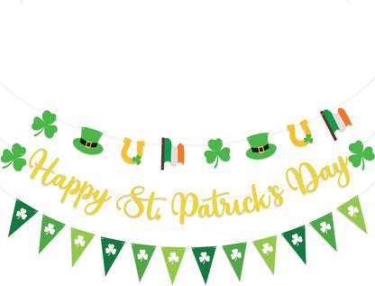 KatchOn, Glitter Gold Happy St. Patrick's Day Banner - 3 Strings, Pre-Strung, 10 Ft | St Patrick's Day Banner with Leprechaun Hat and flag Garland for St Patricks Day Decorations, Shamrock Decorations